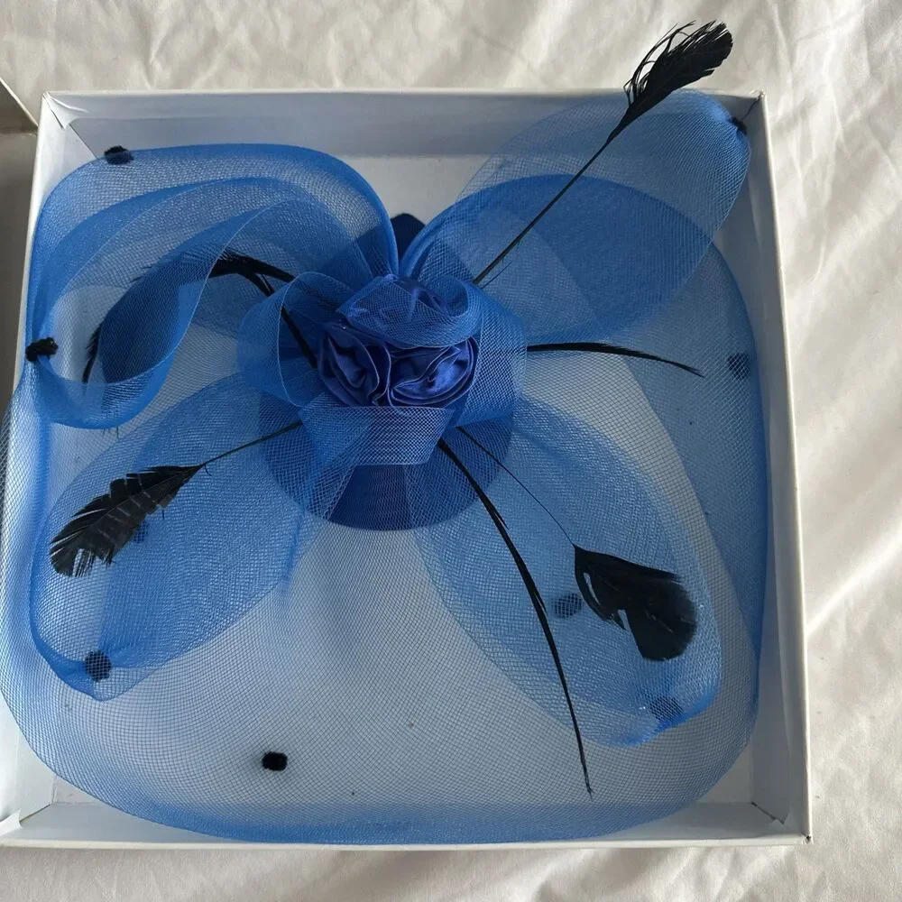 Blue Fascinator Black Feathers Mesh Netting Wedding Races - Picture 1 of 10